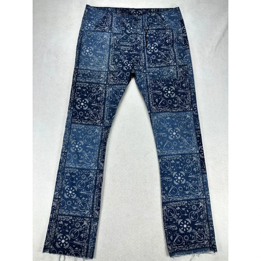 Levis 502 Regular Taper Blue Bandana Patchwork Chore Pants Mens 34x32 Raw Hem